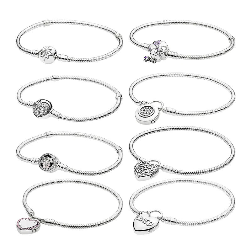 Silver 925 Original Wrist Charm Bracelets For Women Jewelry Snake Chain Zircon Stones Starry Sky Love Heart Padlock Flower Clasp