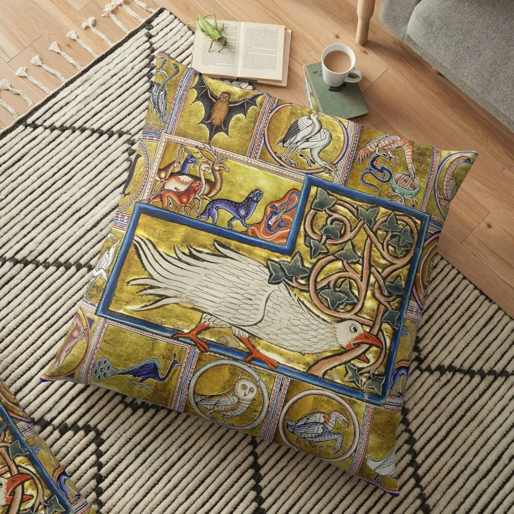 

MEDIEVAL BESTIARY, CALADRIUS BIRD,FANTASTIC ANIMALS IN GOLD RED BLUE COLORS Floor Pillow Custom Cushion Cushion Cover For Sofa