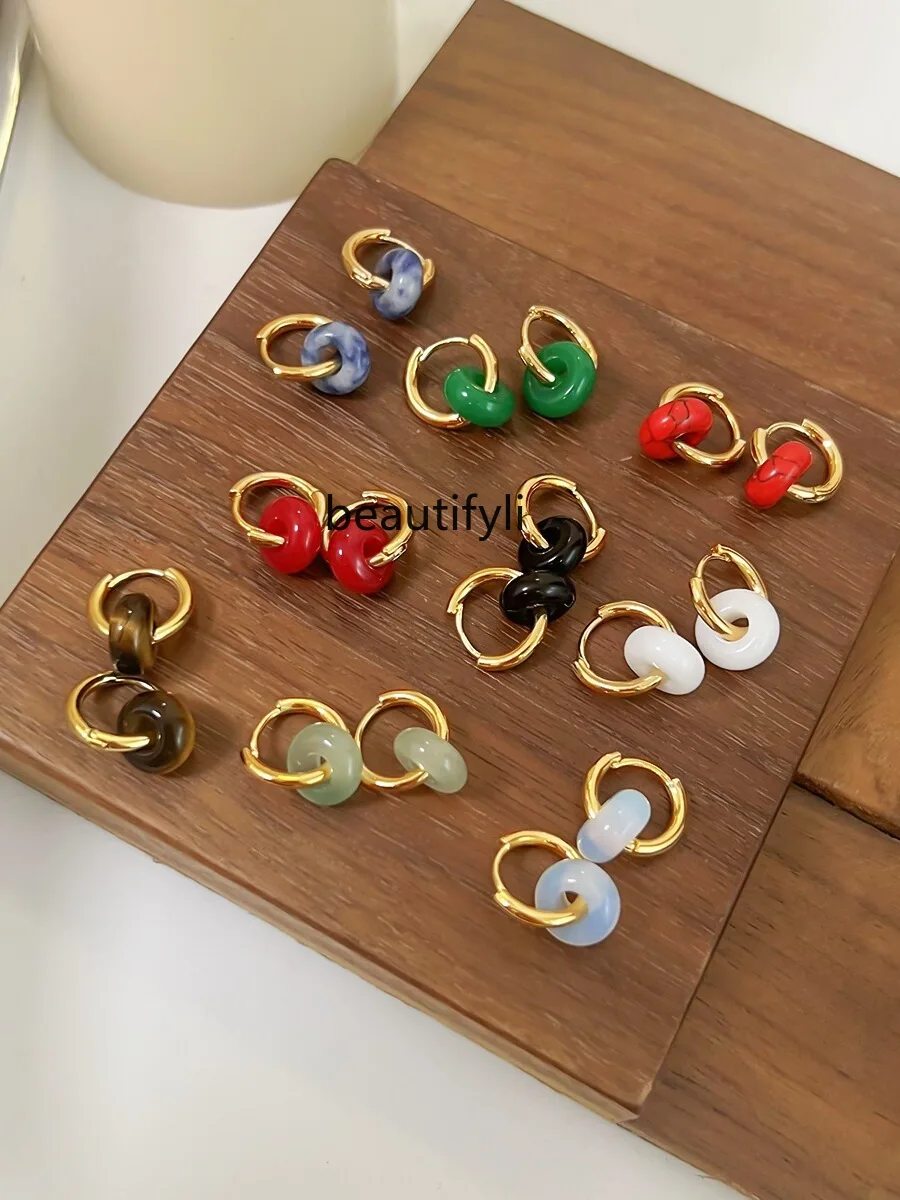 Chinese Style Black Agate Ear Clip round Metal Ear Ring Light Luxury Minority Simple Safe Retaining Ring