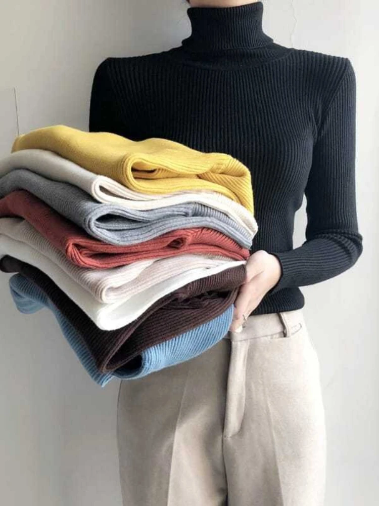 Autumn Winter 2025 Casual Turtleneck Warm Sweaters Long Sleeve Pullover Women Slim Solid Office Lady Knitted Sweater