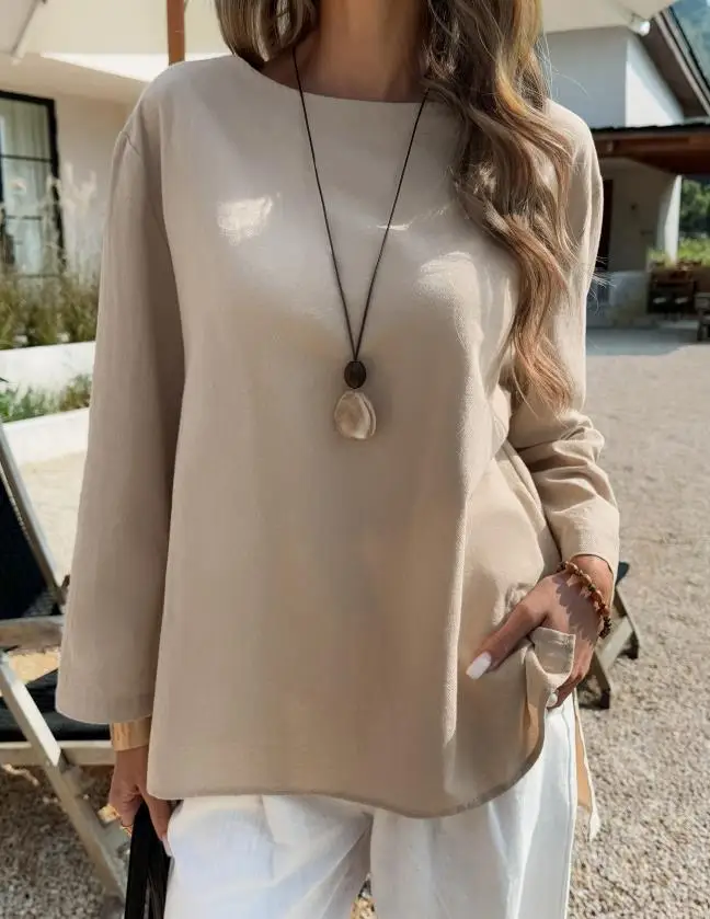 

2026 Spring and Summer New Elegant Casual Loose Solid Color Simple Round Neck Versatile Trumpet Sleeve T-Shirt Top