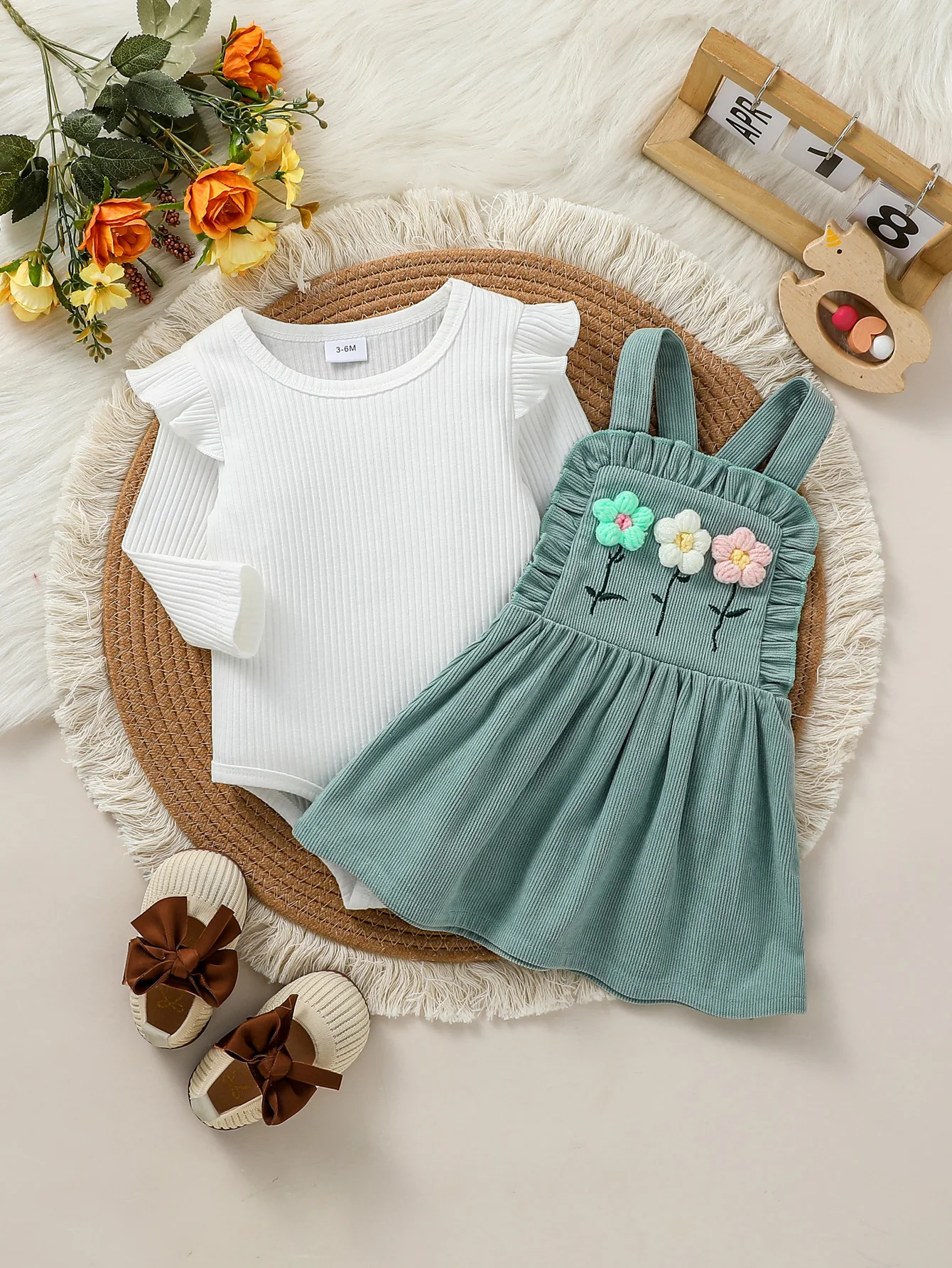 2pcs Baby\'s Girls Long Sleeve Autumn Bodysuit & Skirt Set With Floral Preppy Style Fashion Clothing