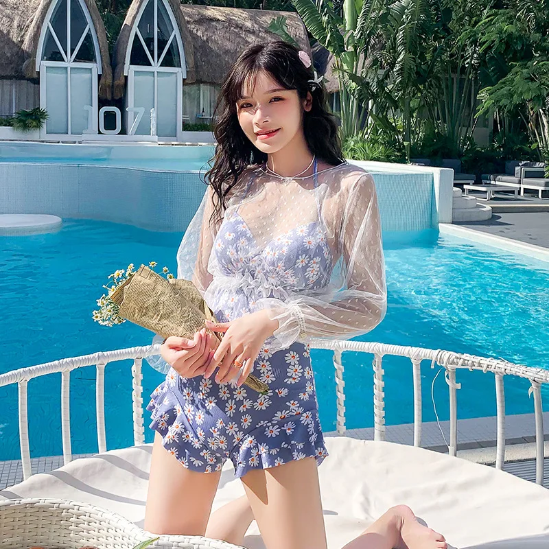 

2025 Women's Swimwear Separate with Steel Brace Two Piece Slimming Long Sleeve Cover-up Teenage Flat Bottom Swimsuit Set