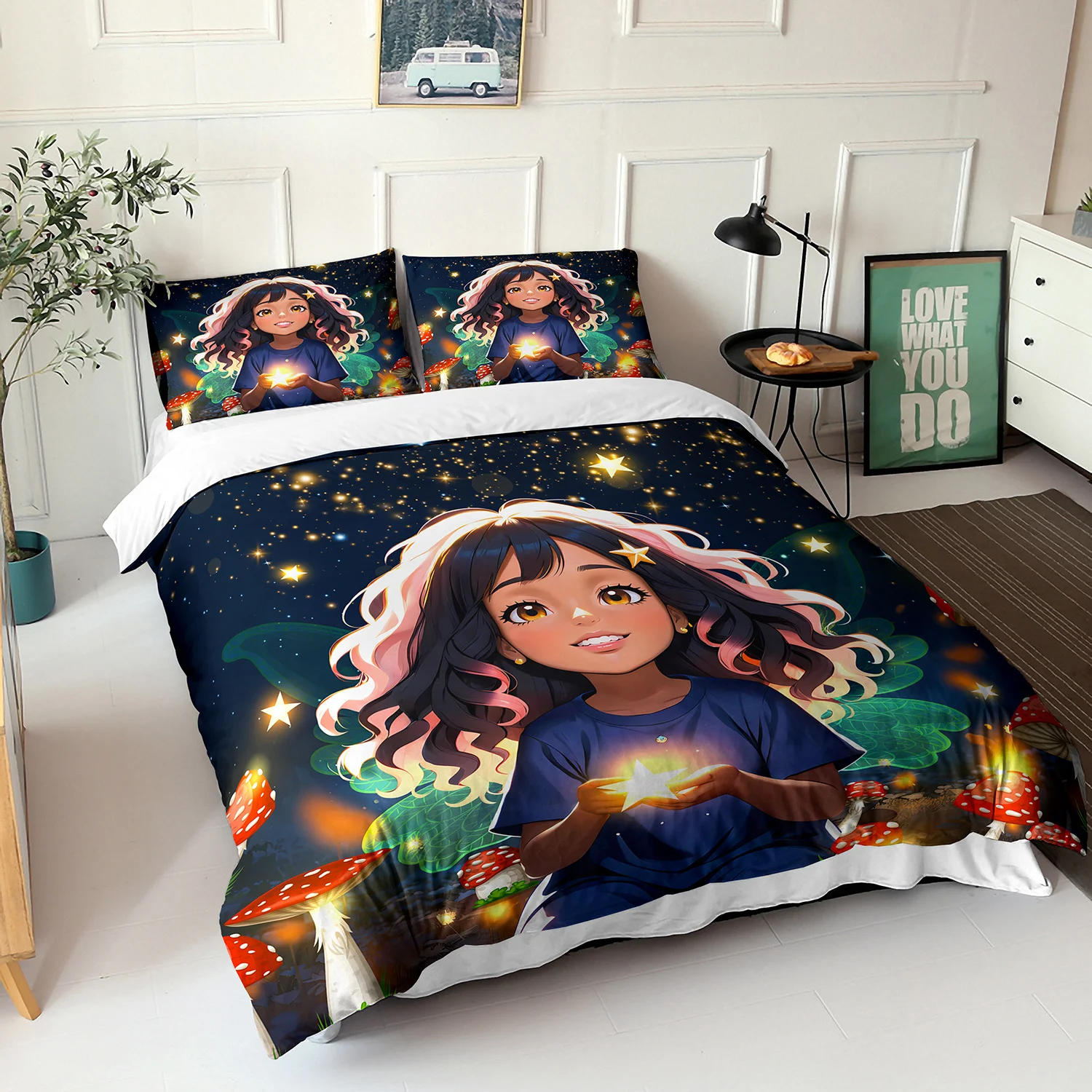 3pcs Little Fairy Starry Night Duvet Cover Set Anime Girl Bedding Set Cartoon Bed Set Fantasy Bedroom Decor Four Seasons