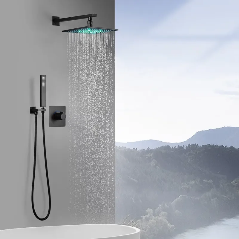 2026 Bathroom RGB LED Rainfall Shower Head 10 Inch Faucet Set 2 Way Outlet Diverter Mixer