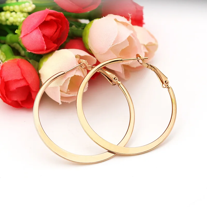 Fashion Women Round Loop Pendientes Rose Gold Black Stainless Steel Flatten Round Circle C Shape Hoop Huggie Earrings Jewelry