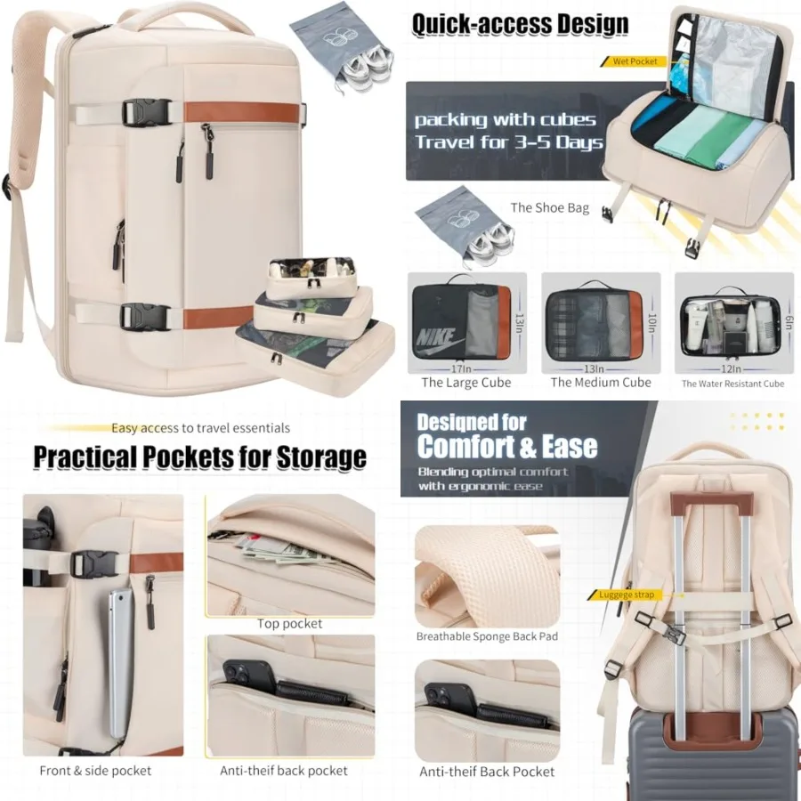 

42L Travel Backpack with 4 Packing Cubes, TSA Friendly Flight Approved Carry-On Bag, Water-Resistant Business Backpack for Men
