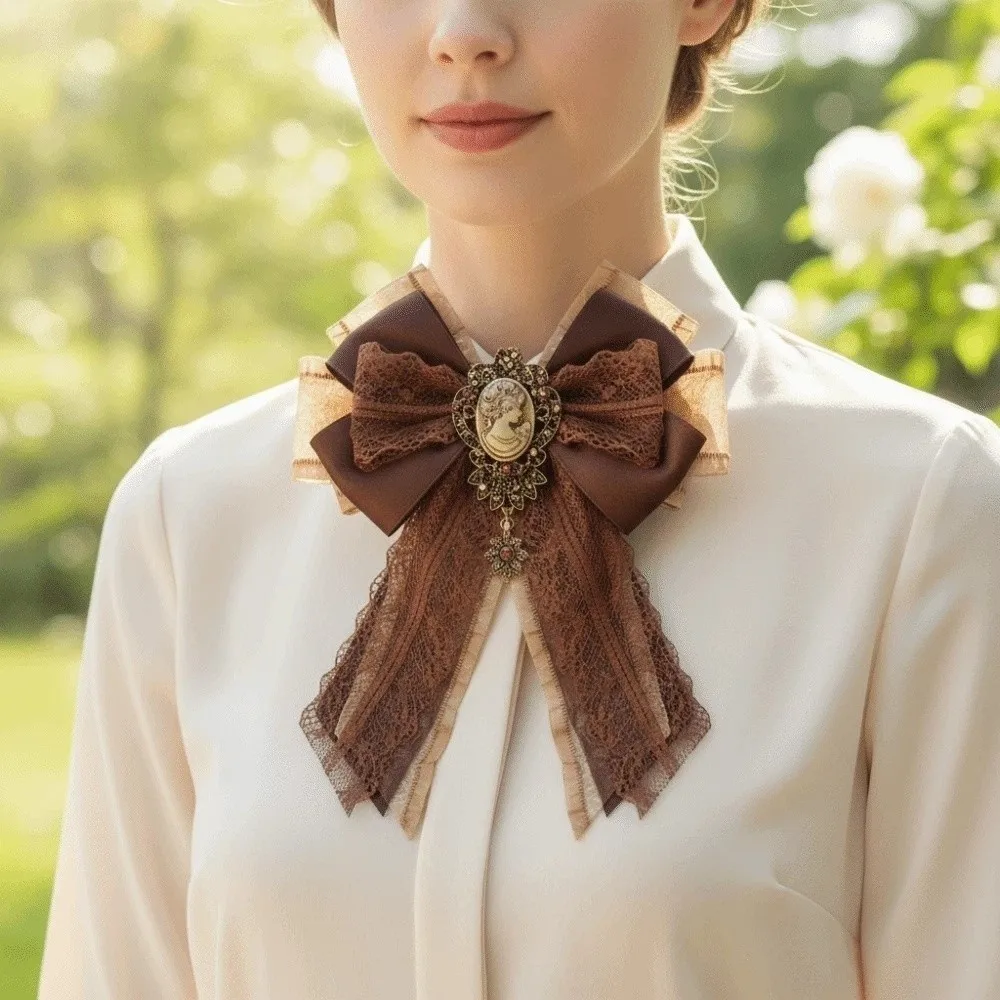 Alloy Lace Ribbon Bow Tie Solid Color Enchase Design Vintage Lolita Necktie Multi-layered Brooch Decoration Shirt Tie Students