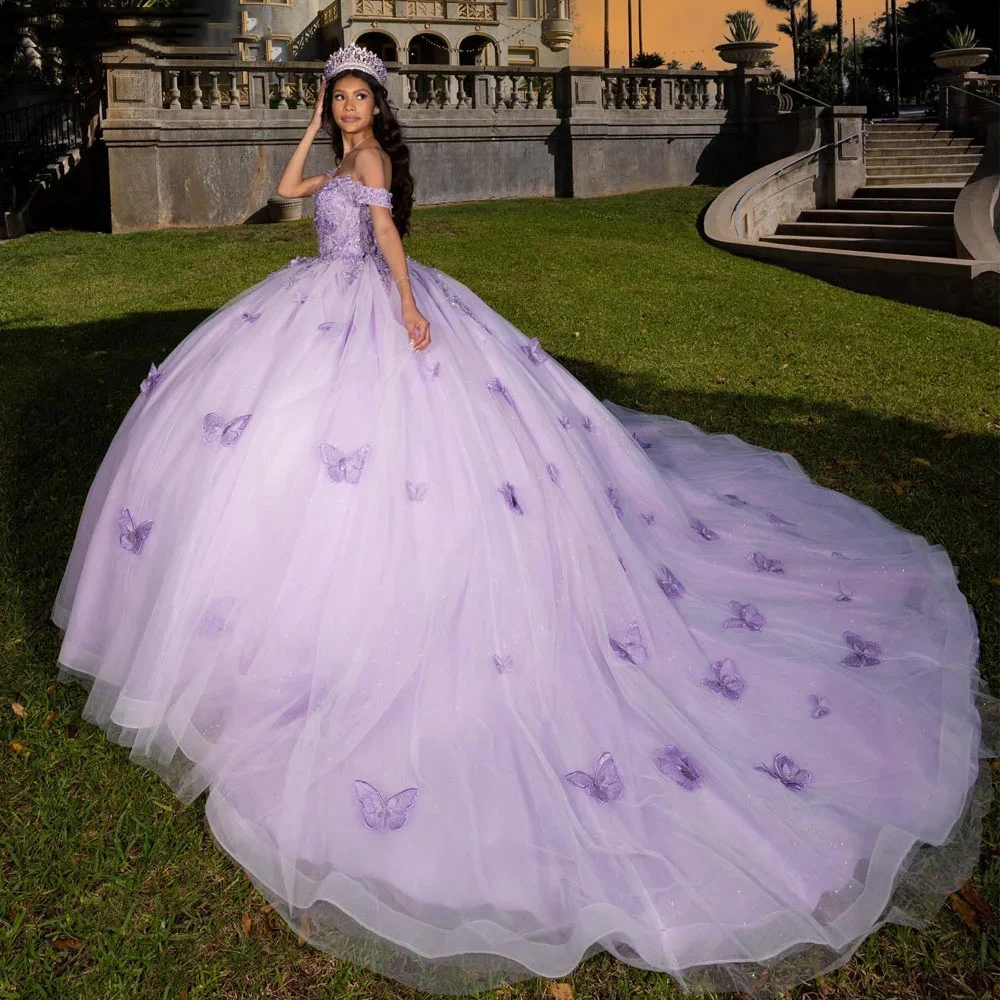 Angelsbridep abito da ballo alla lavanda abiti da Quinceanera abiti da Gala 3D farfalla fatta a mano Glitter Tulle Brithday Party grow