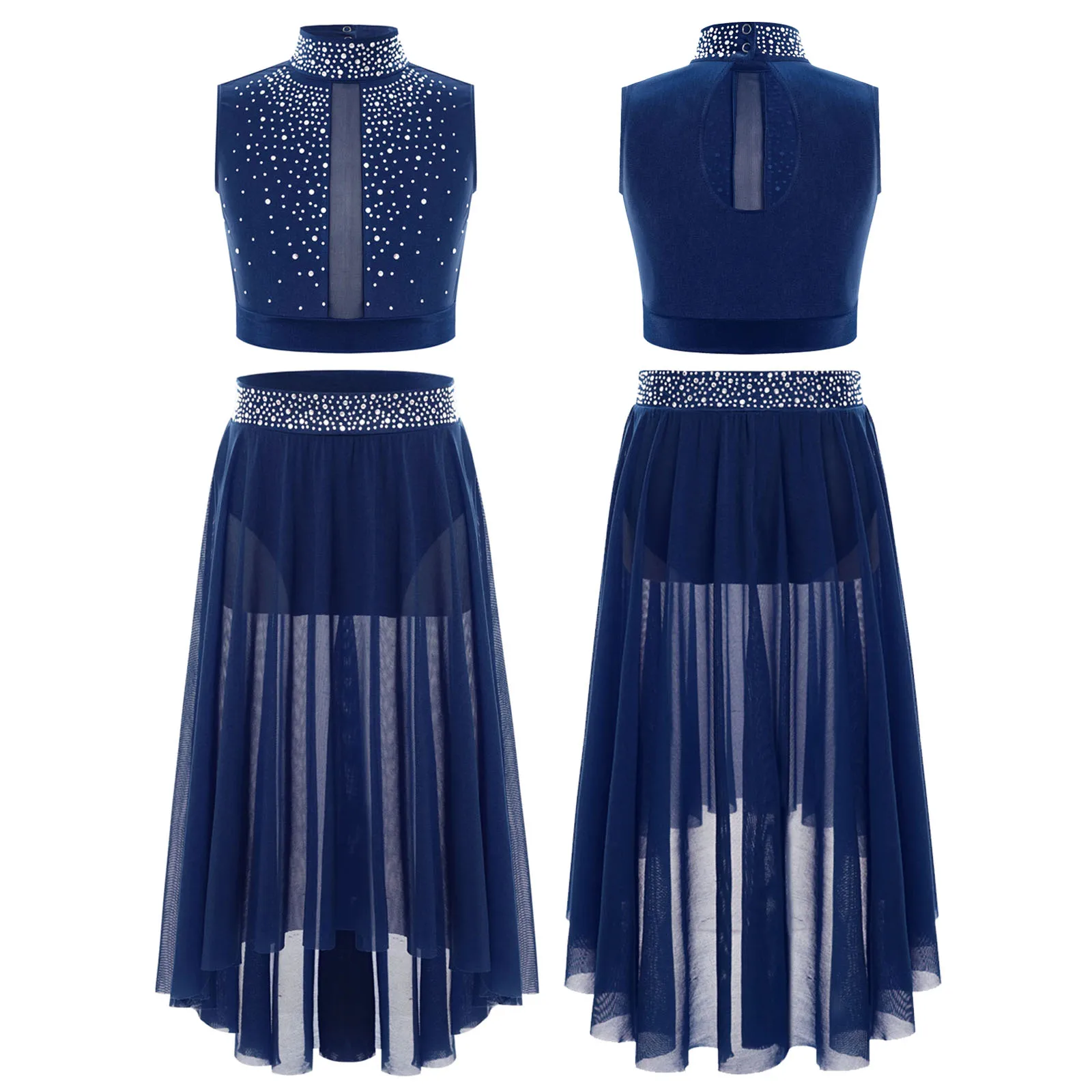 Conjunto de dança lírica moderna para meninas, gola simulada, sem mangas, top crop com saia de malha