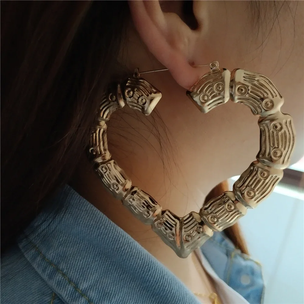 VIVILADY Big Large Bamboo Heart Hoop Earrings Women Gold Silver Color Basketball Wives Statement Brincos Boho Jewelry Party Gift