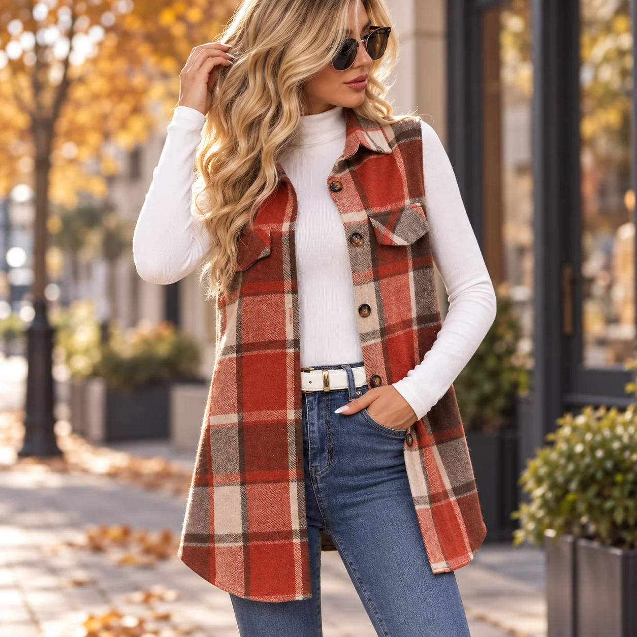 Plaid Loose Fit Vest Streetwear with Shirt Collar Autumn Casual Single Row Multi Button Placket Mid Long Length Women Vest