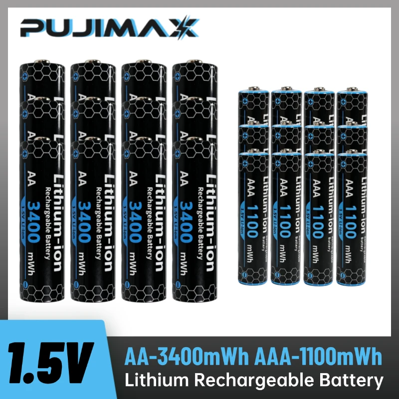 PUJIMAX AA 3400mWh AAA 1100mWh 1.5V Lithium‑ion Batteries for Remote Control Mouse Solar Light Electric Toy Watch MP3 Player