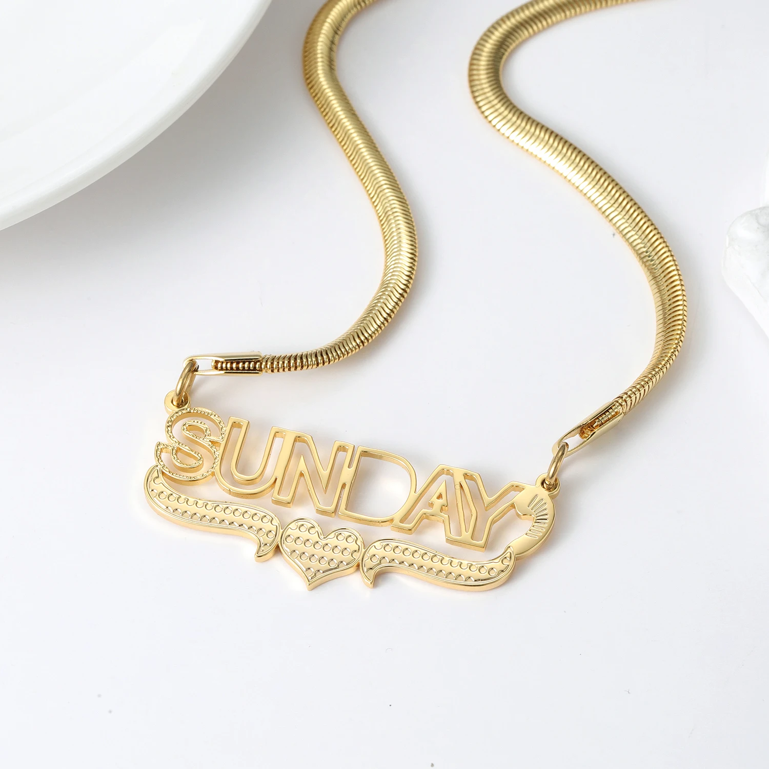 New Name plate Customized Name Personalized Heart Gold Pendant Snake Chain Women's Stainless Steel Necklace Mother's Day Gift