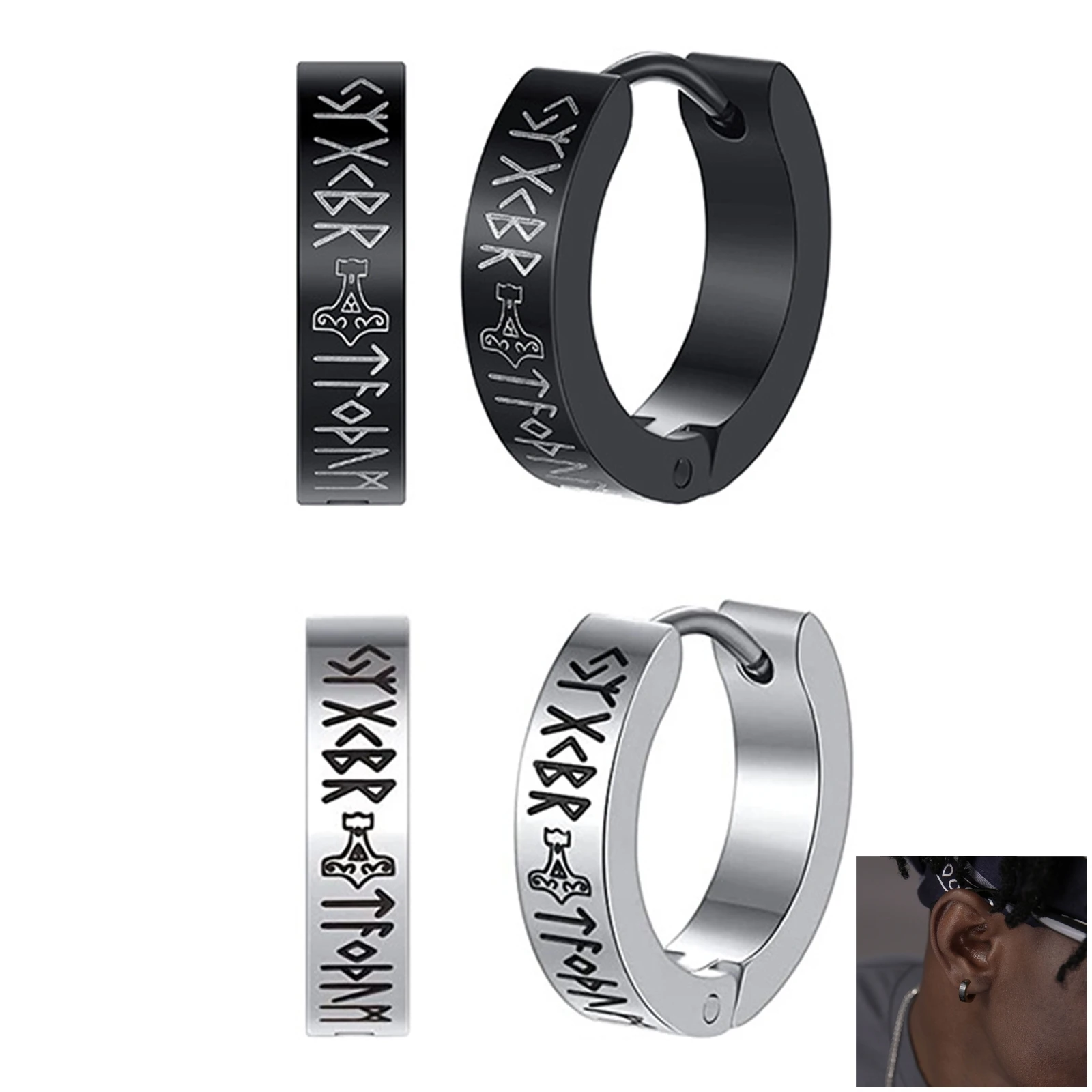 2pcs Norse Viking Runes Ear Stud Earrings Stainless Steel Men Women Hoop Huggie Hinged Hip Hop