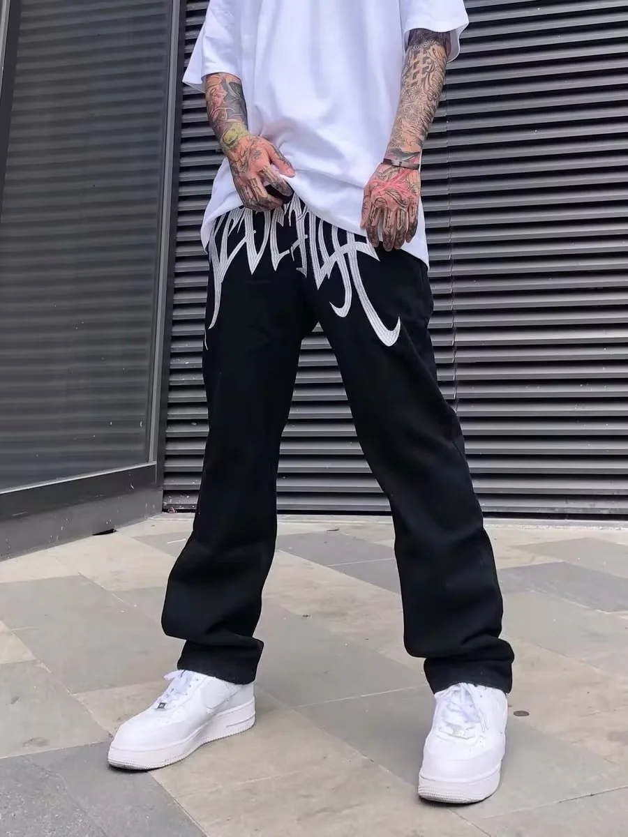 

American-Style Streetwear Washed Vintage Lettered Jeans for Men, Spring and Autumn Straight Loose Fit, European and American High Street Vibe Style Long Pants