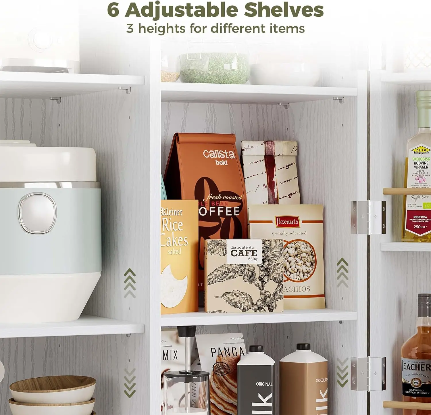 خزانة مع مساحة تخزين، خزائن جانبية مع 4 أبواب، خزانة تخزين المطبخ مع 6 أرفف قابلة للتعديل، بار قهوة حديث