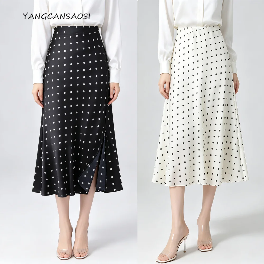 2026 Women's Fashion Clothing Modern Black/White Polka Dot 93%Natural Mulberry Silk Elastic Satin 45°Oblique Cut Split Hip Skirt
