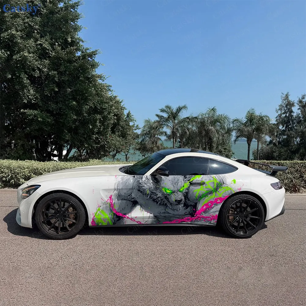 2pcs Fluorescent Ink Splash Angry Wolf Car Side Wraps, Self-Adhesive PVC Waterproof & Scratch-Resistant Stickers, Car Accessory