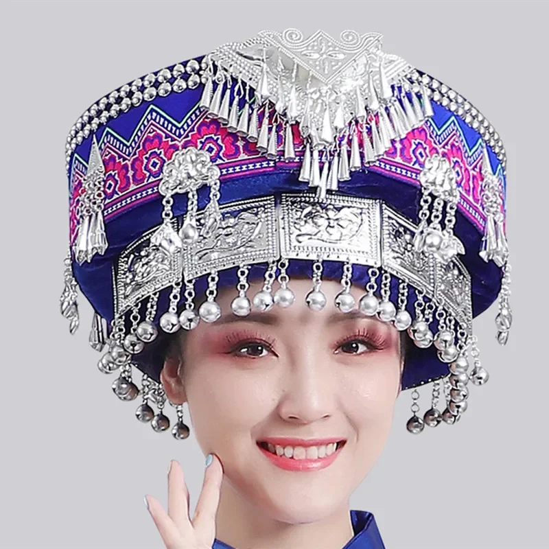 Hmong Miao Dance Hat For Women Traditional Clothing Hats With Tassel Accessories Festival Performance Headwear Vintage Headdress