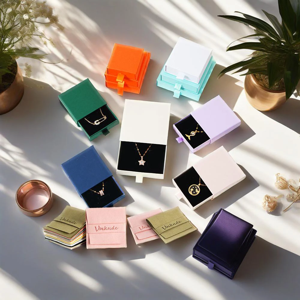 

Custom Logo Paper Jewelry Gift Drawer Box Packaging For Ring Earring Necklace Bracelet Boxes With Microfiber Small Bag Pouches