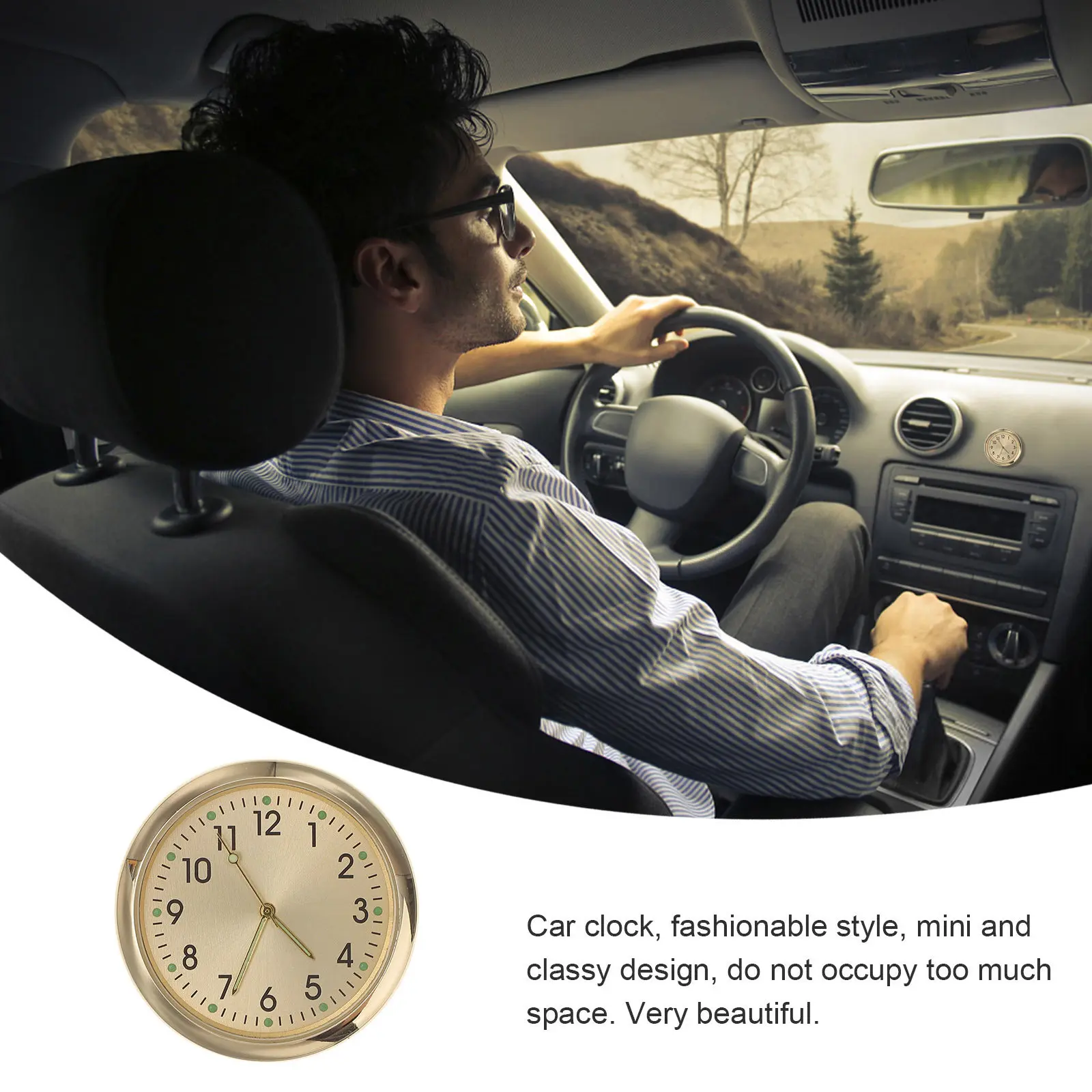 Car Dashboard Mini Clock Glass Steel Fashionable Auto Stick on Clock for Dashboard Multimedia Button Motorcycle Home Office