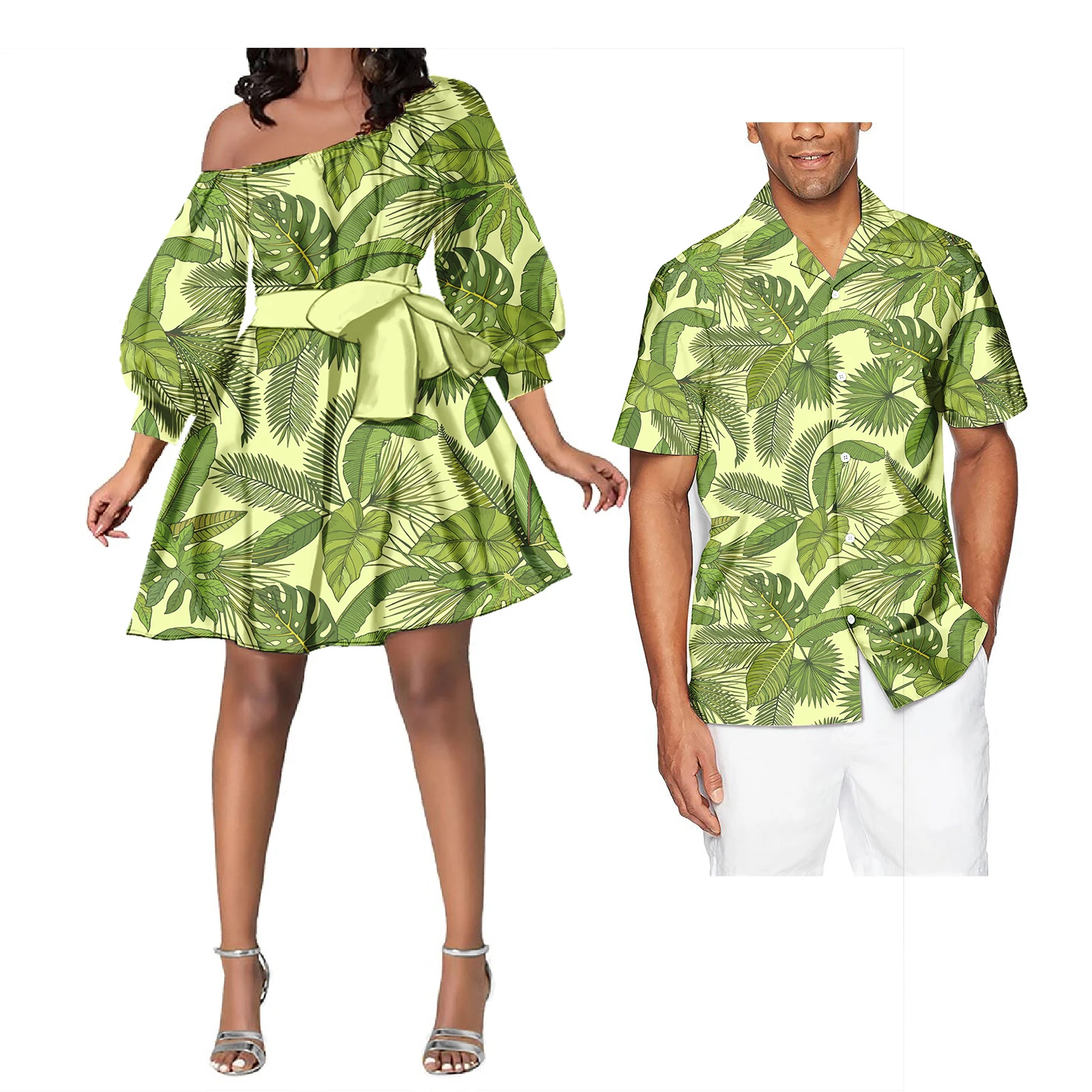 New Summer Polynesian Tribal Couple Clothes Custom Samoa Tapa Flower Printed Long Sleeve Midi Dress Match Plus Size Mens Shirt