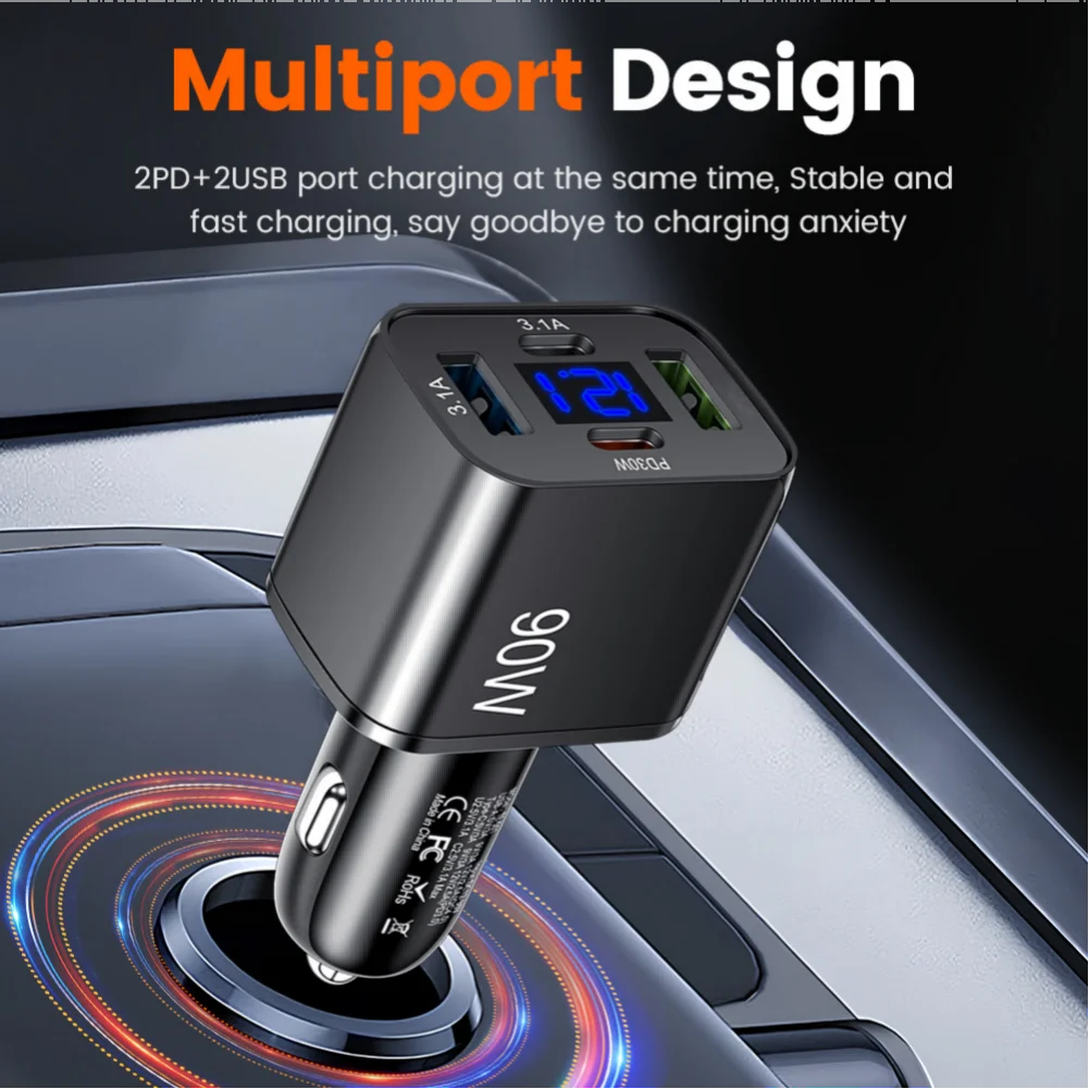 4 Port USB C Car Charger with LED Voltage Display Supports For QC4.0 and PD3.0 Fast Charging up to 90W for Multiple Devices