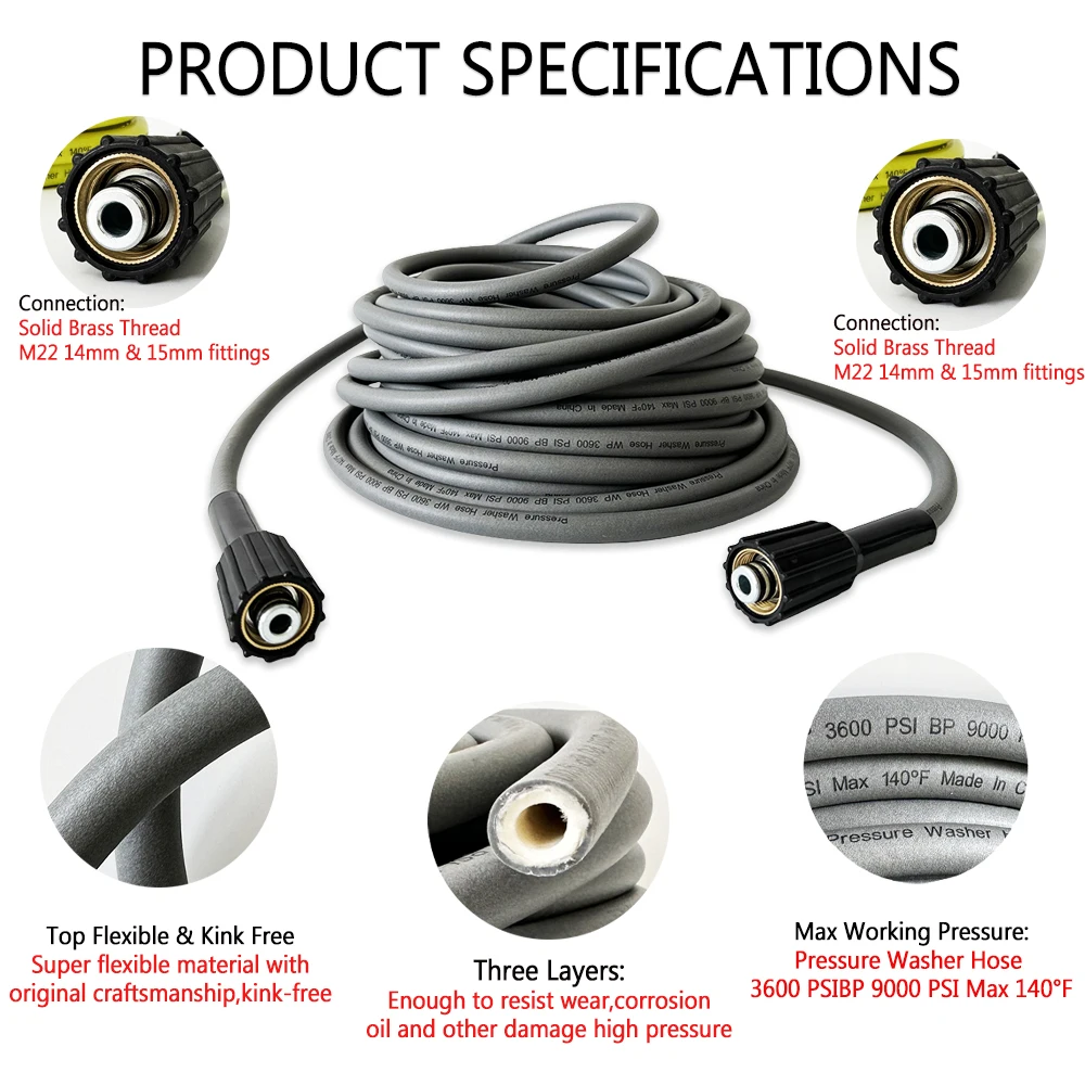 Super Flexible Pressure Washer Hose 0.5-30M Cord Pipe Kink Resistant High Pressure Hose M22-Pin 14/15 Extension Replacement Hose