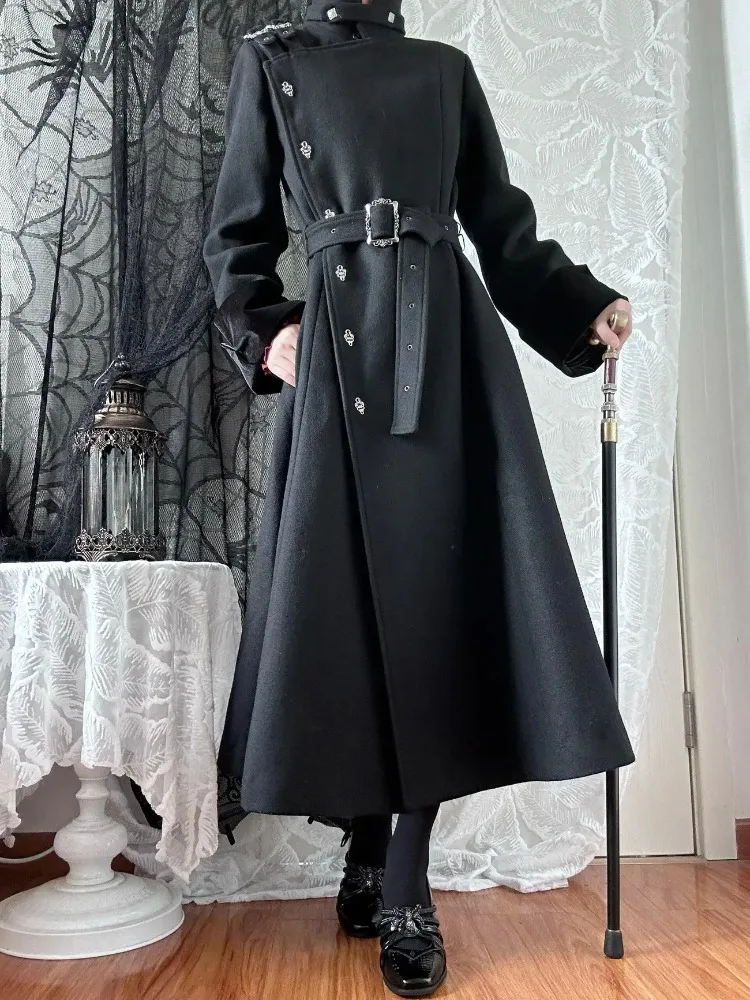 Gothic Lolita Winter Coat Women Belted Waist Stand Collar Velvet Cuff Cross Charm Slim Fit Harajuku Fashion Daily Outfit 2026