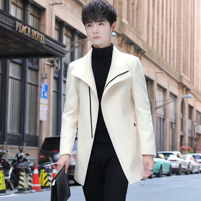 Trendy Solid Color Zipper Woolen Coat Jacket Men 2023 Slim Fit Designer Mid Long Trench Coat Jacket for Men Brand Black Yellow