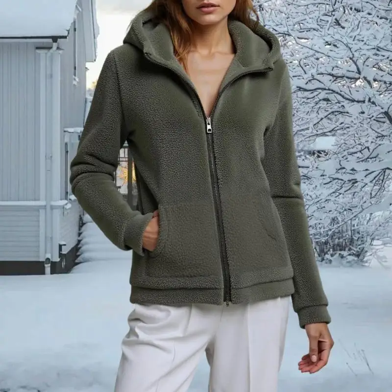 652F Giữ Ấm Mùa Đông Nữ Nỉ Có Mũ Trùm Đầu Áo Nhẹ Full Zip Dài Tay Mờ Áo Khoác Có Túi Lớn Phía Trước