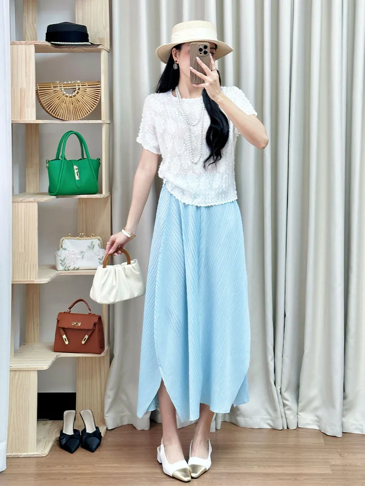 

Summer Blue Blossom Folded Women's Set Three Houses Gentle Style Korean Design Short Sleeve round Neck Overhead Polyester