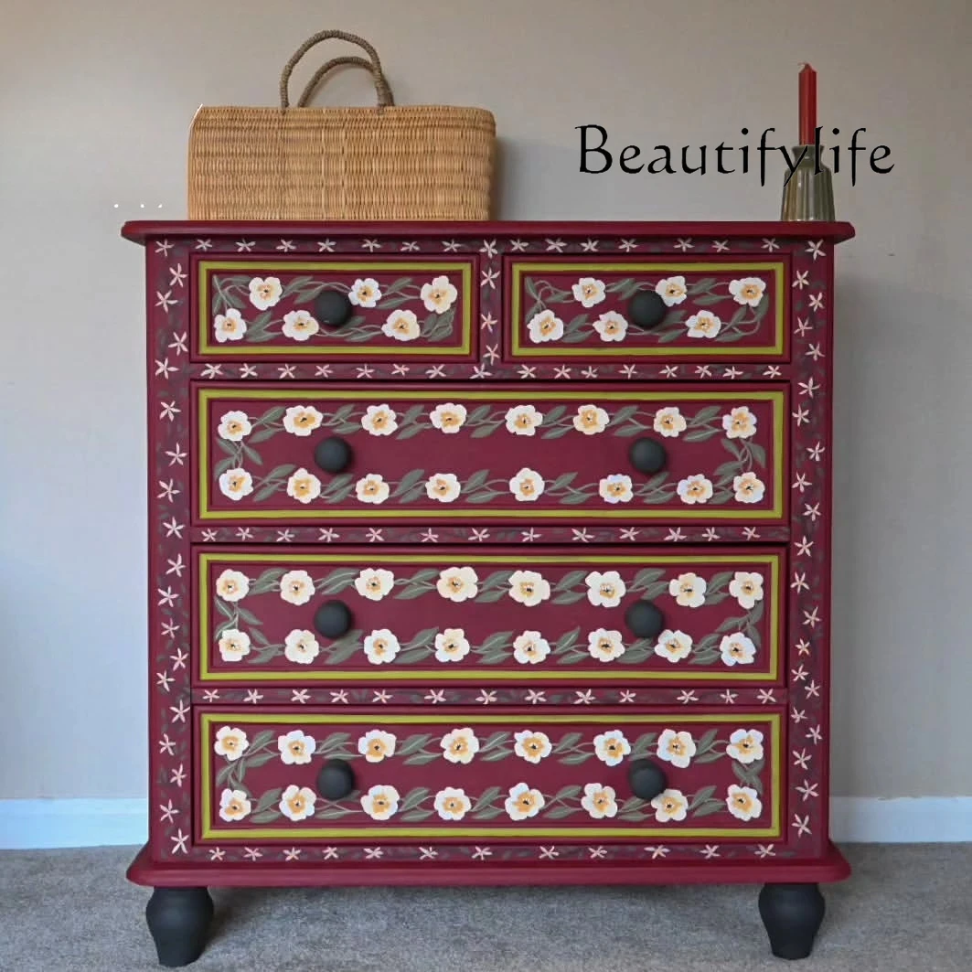 

French retro solid wood hand-painted art chest of drawers American simple homestay bedroom storage cabinet