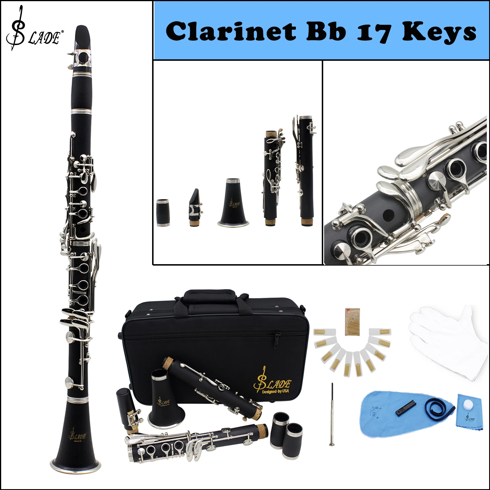 SLADE Clarinet Bb Clarinet 17 Keys 6 Rings Clarinetto Blackwinds Portable Bakelite With Accessory Clarinet Woodwind Instruments