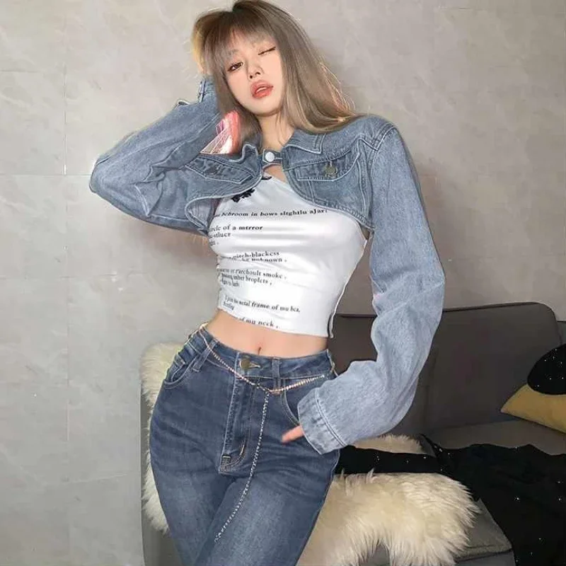 Cropped Jackets Women Chaqueta  Outwear Slim BF Single Button Sexy Streetwear Retro Denim All-match Chic Ins Cozy