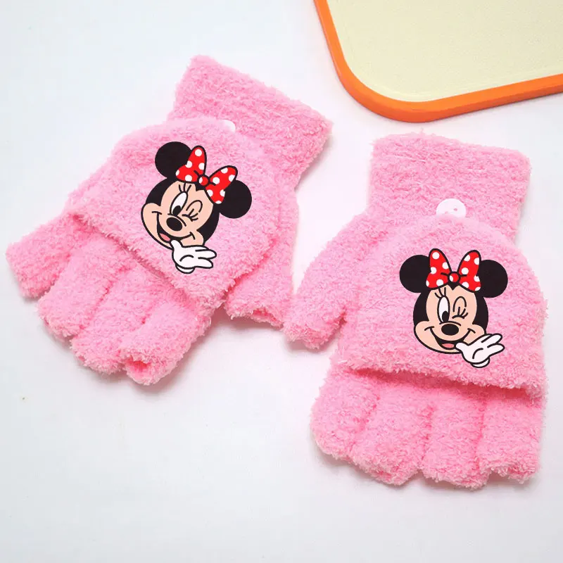 Sarung Tangan Mickey Mouse Model Lipat Kecil, Lucu, Anti Bocor, Rajutan, Sarung Tangan Setengah Jari untuk Musim Dingin, Bersepeda, Pelajar, Lembut, Motif Kartun, Hadiah