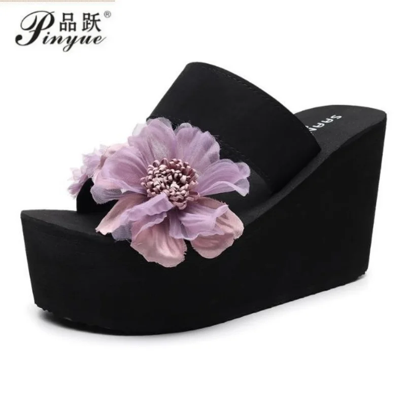 11cm New Luxury Flower Women's Exquisite Slippers Summer Sponge Cake Thick Bottom Fashion Outerwear High Heels Beach Slippers 41