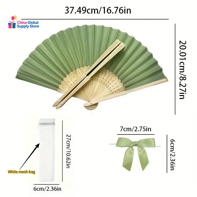 10/20/30 Fresh Green Wedding Fan Set Ladies' Handheld Folding Fans with Bowknots and Transparent Mesh Bags for Weddings Baptisms