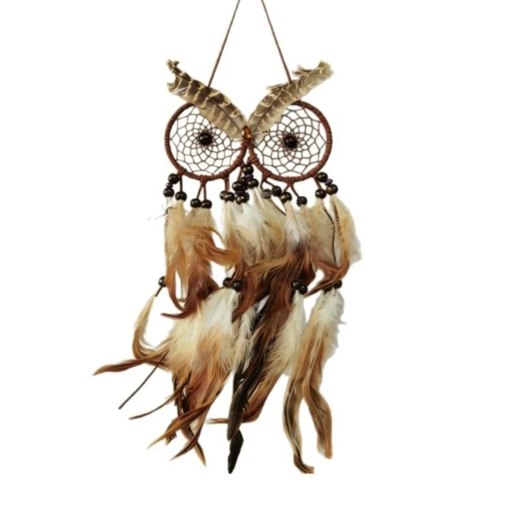

Ornaments Owl Shaped Dream Catcher Handcrafted Brown Feathers Wind Chimes Circular Net Handmade Dreamcatcher Gift