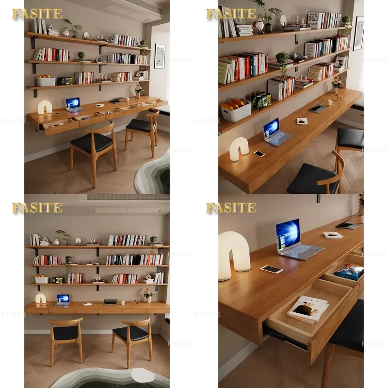 For Solid Wood Long Desk Bookshelf Combination Study Table Wall Mounted Computer Desk Integrated Student Household Furniture
