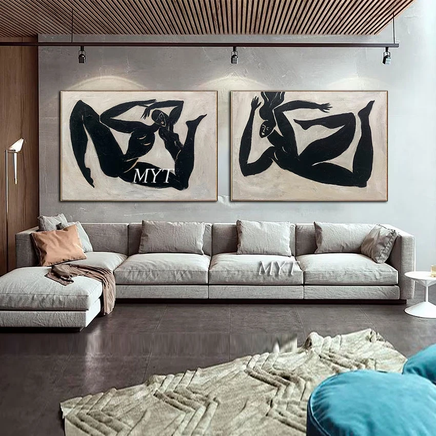 2 Panel Canvas Art Black Modern Abstract Human Figure Handmade Oil Painting Home Decoration Items Wall Pictures For Living Room