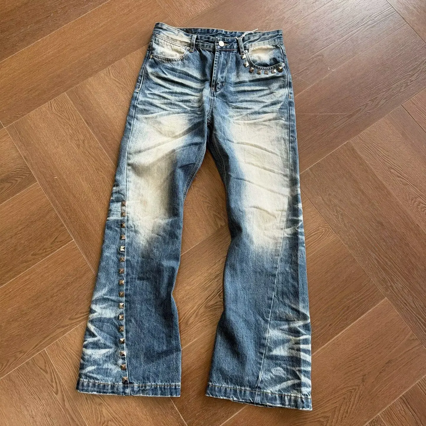 Y2K Vintage Washed Rivet Denim Jeans For Men 2026 Autumn American Casual Fashion High Street Male Blue Retro Denim Pants