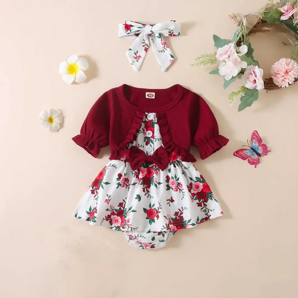 

Elegant Bowknot Toddle Princess Dress Flower Cotton Summer Baby Bodysuit Infant Sweet False 2Piece Jumpsuit Dress Beach Vacation