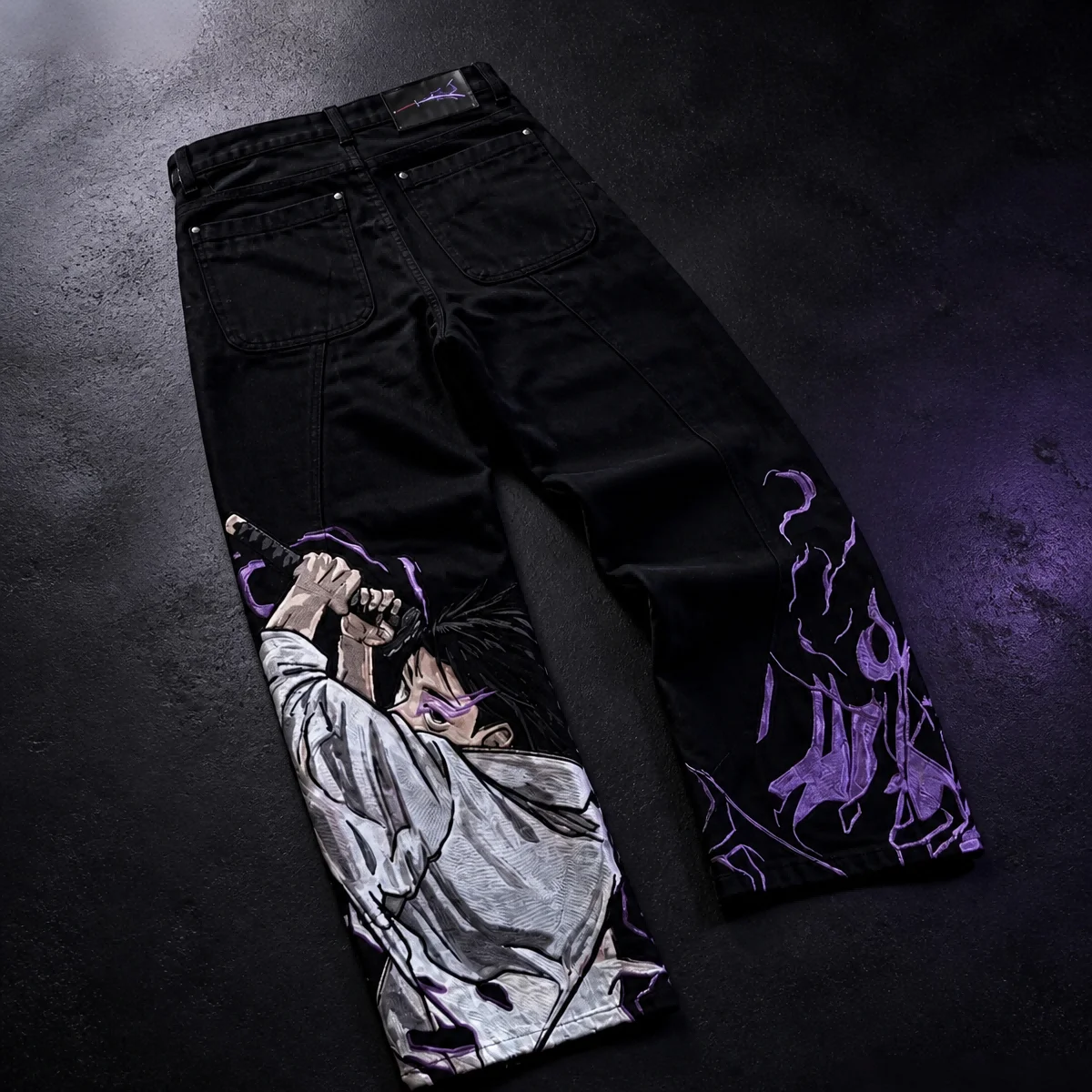 Men Y2K Anime Character Embroidered Jeans Streetwear Cargo Denim Pants Straight Leg High Waist Loose Rock Punk Unisex Jeans