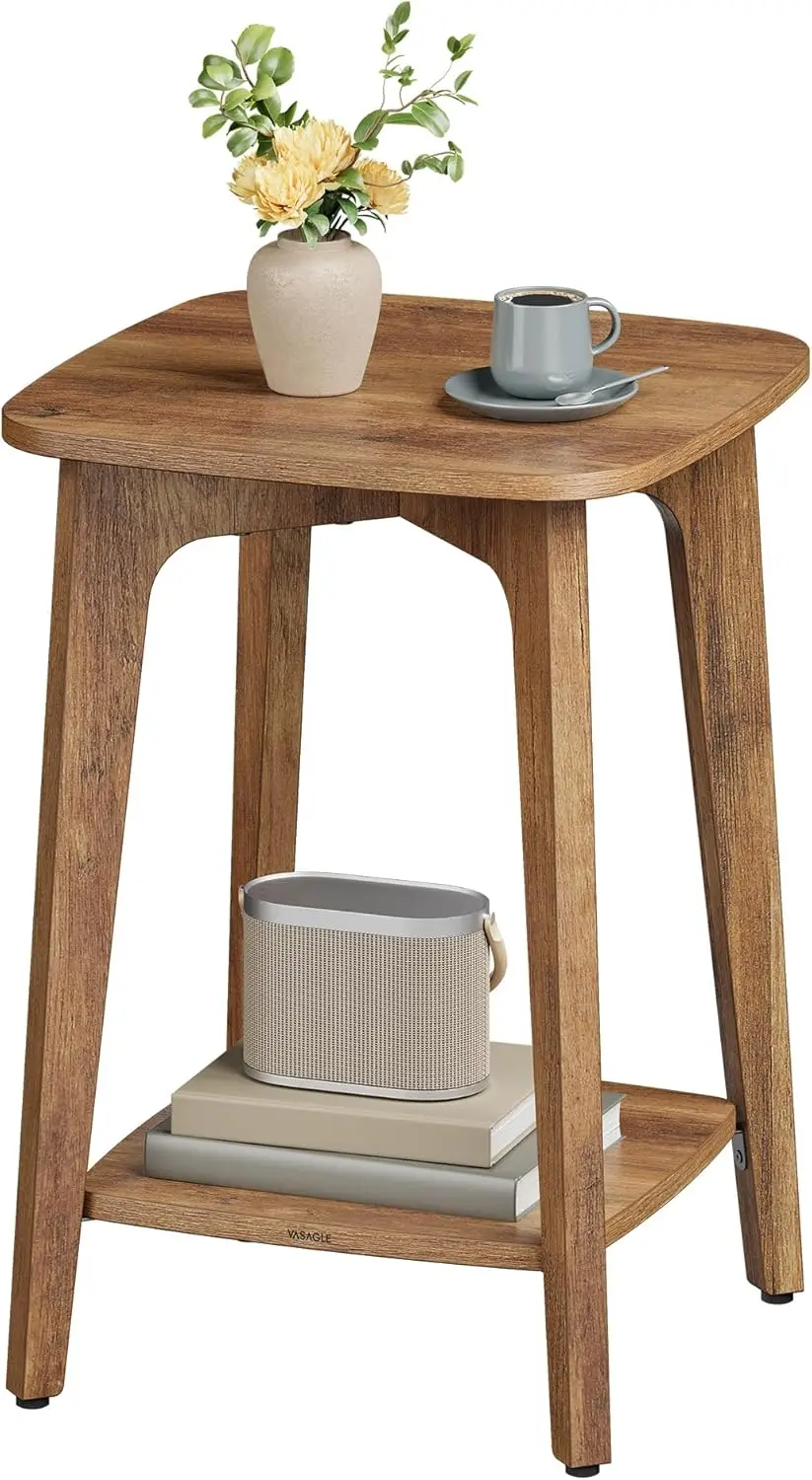 

2-Tier Square End Table with Tapered Legs, Curved Design for Small Spaces in Living Room or Bedroom, Honey Brown Finish