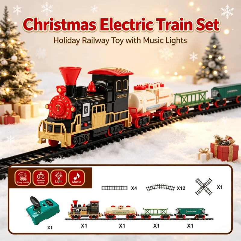 Christmas RC Train Electric Remote Control Spray Retro Train Railway Track Locomotive Vehicle with Light Sound Kid Birthday Gift