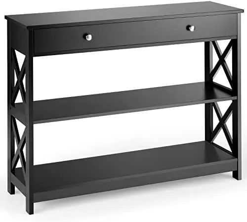 

3-Tier Console Table, Modern Wooden Sofa Table with Large Drawer and , Entryway Table for Living Room, Hallway (Black) Tv stand