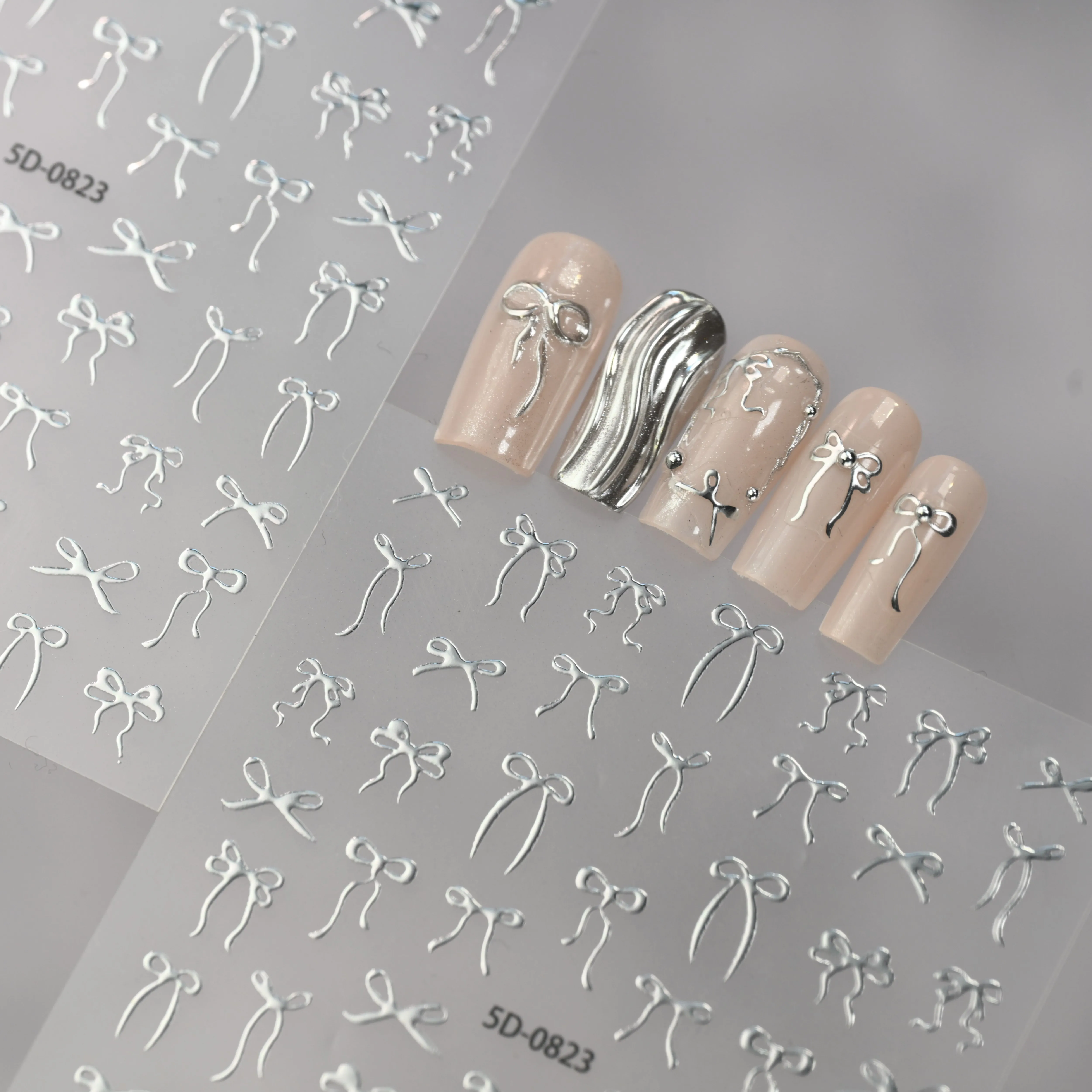 1pc Y2k Silver White Chrome Bowknot Nail Stickers Metallic Bow Ribbon Nail Decals Self-Adhesive Sliders Ins Style Manicure Bows