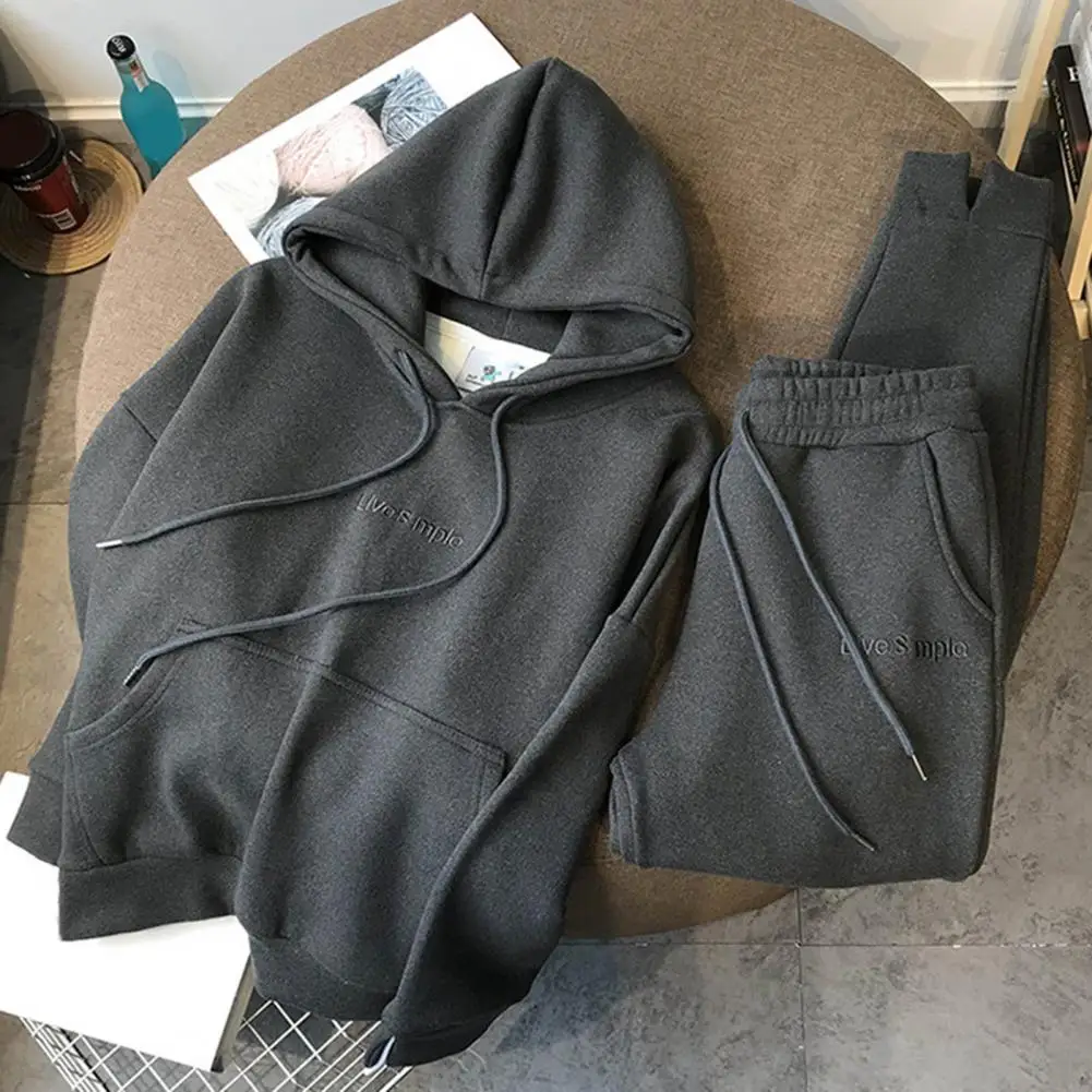 Top Trousers Set Shrinkable Hem Solid Color Women Hoodie Jogging Pants Suit Pockets Fleece Lining Casual Outfit Streetwear